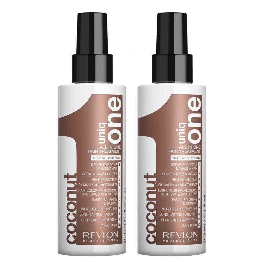 2-pack Revlon Uniq One All In One Hair Treatment Coconut 150ml - Leave in  spray med bra egenskaper för ditt hår. Färgbevarande & för högre glans.